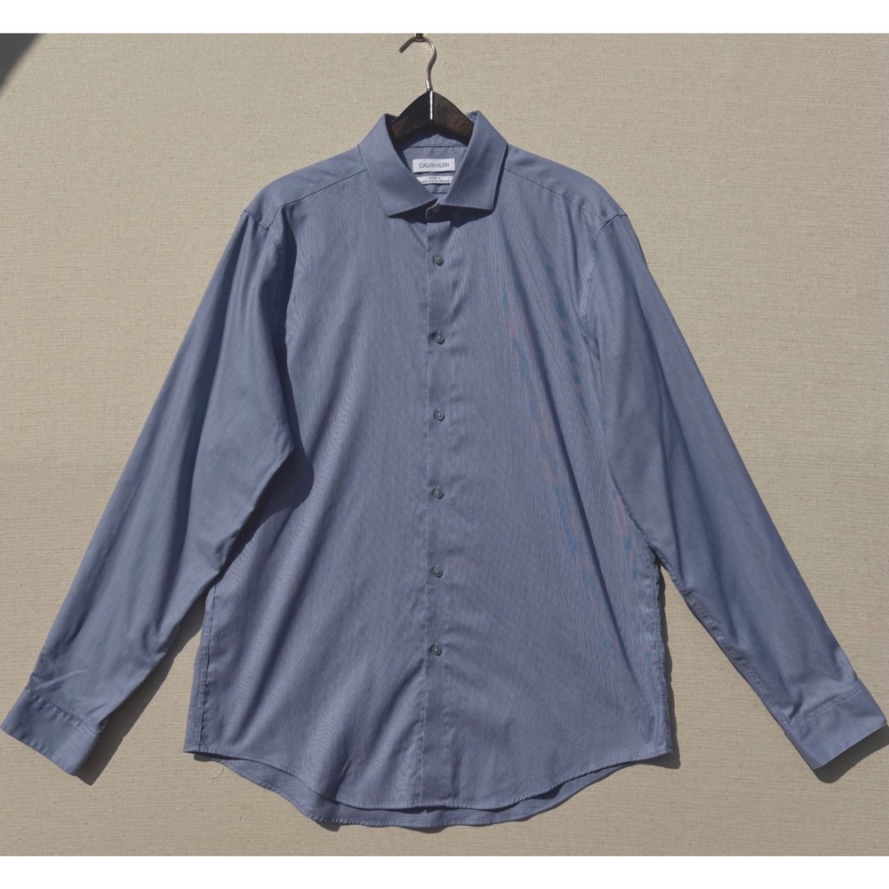 Calvin Klein Steel+ Slim Fit Stretch Non-Iron Dress Shirt Blue Micro Stripe L